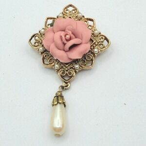 Vintage 1928 Jewelry Pink Rose Filigree Brooch Women Gold Tone Faux Pearl Dangle